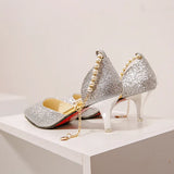 Women Summer 2024 New Korean Version Of The Pearl One-Word Buckle Pointed Sexy Stiletto High-Heeled