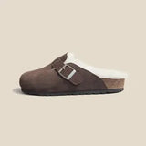 Fashion Winter Fur Slipper Leather Mule Clogs Slippers Long Plush Warm Indoor Soft Cork Buckle Slides Footwear for