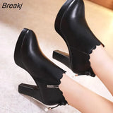 Women Leather Shoes Autumn Pointed Toe Platform Female Pumps Casual Square High Heels Ladies Single Shoes Plus