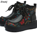 Genuine Leather Women Boots Retro Shoes 2023 New Autumn Winter Print Round Toe Lace-up Handmade Concise Platform