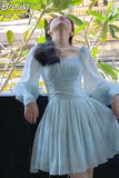 Spring French Elegant Short Party Dress Pure Color Fairy Mini Dress Casual Long Sleeve Korean Fashion Dress Woman