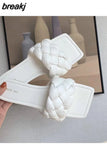 Fashion Weave Slippers Women Square Toe Flat Casual Shoes Women Slide 2023 Summer Flip Flops Beach Sandal Slipper Big