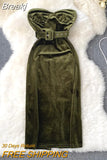 Sexy Strapless Bodycon Velvet Dress Women Elegant Autumn Winter Sleeveless Backless Belted Slim Back Slit Party