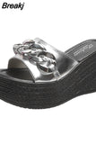 Women Slippers Chain High Heels Female Casual Shoes Summer Outside White Black Slides Ladies Beach Pantuflas De