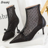 Women's Korean-Style Sexy Fashion Pointed Mesh Polka Dot Breathable Hollow Bow Stiletto Ankle Boot Party Summer Casual for