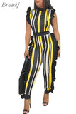 Women Fashion Striped Jumpsuits Ruffles Bodycon Rompers Designer New Elegant Sleeveless Ladies Office Playsuits