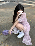 Summer Short Sleeve Fairy Floral Dress Woman Beach Party One Piece Dress Korean Style French Elegant Midi Dress Casual