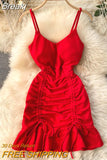 New Sexy V-neck Spaghetti Strap Sleeveless Mini Bodycon Dress Summer Women Slim Waist Drawstring Ruched Ruffles Party