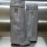 Rhinestone Women's High Boots High Heels Wedges Shoes Large Size Fashion Ladies Party Lock Metal Buckle Western Boots