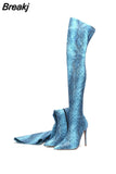 Sexy Over The Knee High Boots Women Stretch Leather Snakeskin Pointed Toe Long Booes Woman Winter Zip High Heels