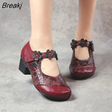 Spring Autumn Women High Heel Shoes Flowers Handmad Pumps Ladies Retro Genuine Leather Round Toe Women Thick Heel