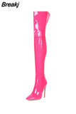 Women Over Knee High Boots Woman Patent Leather Stretch High Heel Boots Sexy Ladies Pointed Toe Thin Heel Botas