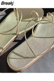 Summer Women Sandals Design Roman Style Clip Toe Flat Sole Single Shoe Thin Strap Open Toe Sandals Gold Casual