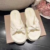 Women Slippers Summer Shallow Med Slides Platform Fashion Butterfly-Knot Shale Female Beach Soft Luxury Sabot