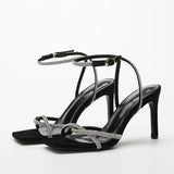 Summer New Women Sandals Fairy Style Square Head Silver Rhinestone Slim Band Temperament One Word Band Versatile High