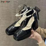 High-heeled Shoes Thick-heeled Shoes Female Pearl Bow Shoes Lady Style Mary Jane Shoes Square Toe Pumps Shoes for
