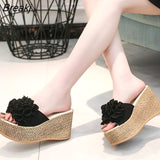 Women's Slippers Women's Fashion 2023 Summer Flowers Wear Thick-soled Slippers One Word Wedge Sandals Wedge Sandals