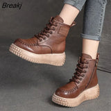 Winter Genuine Leather Ankle Boots Lace-Up 2023 Handmade Lady Soft Flat Shoe Comfortable Side Zip Ankle Boots Size