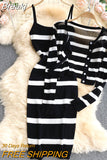 and White Striped Long Sleeve Knitted Sweater Cardigan and Spaghetti Strap Bodycon Midi Dress Suits Women Two Pieces