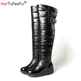 Women Snow Boots 2023 Winter Black Over the Knee Booties Warm Waterproof Cloth Padded Cotton Wedges Thick Plush Platform