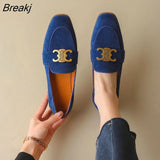 Retro Metal Buckle Loafers Women's English Style High Heel Flat Single Shoes Ladies Dress Shoes Faux Suede Low