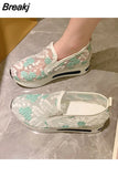 Women Platform Wedges Women's Sneakers Floral Embroidery Mesh Sneakers Women Slip on Casual Comfy Heeled