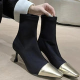 Socks Heels Winter Shoes For Women Boots-Women Stockings 2024 Autumn Rubber Pointy High Heel Ankle Ladies Lace-Up