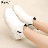 Leather Cow Women Ankle Boots Warm Wool Motorcycle Slip on Super Comfortable Booties Winter Shoes White