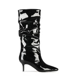 Women Mid-Calf Boots Sexy Solid Color Leather Folds Boots Pointed Toe Thin Heels Stiletto Party Shoes Large Size