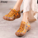 Genuine Leather Flats Women Shoes Print Lace-up Round Toe 2023 New Spring Concise Leisure Retro Handmade Ladies