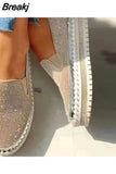 Women Flats Rhinestone Bling Sewing Platform Loafers Slip on Sewing Shallow Fashion Casual Shoes Ladies