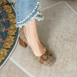 small fragrant wind single shoes new retro square head thousand birds grid color rough heel niche shallow