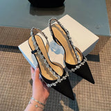 Temperament French Small Heels Socialite Pointed Single Shoes Fairies White High Heels Fine Heels Water Drill Baotou Sandals Women's