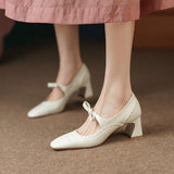 Women's Wedding Shoes Bow Mary Jane Shoes High Heels Retro Pumps Vintage Dress Shoes Embossing Zapatos Mujer