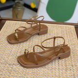 Women 2023 Summer New Fashion Square Toe Roman Shoes Simple Fairy Strap Women Shoes Flat Casual Shoe Sandalias De