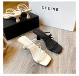 New Women's Slippers Square Toe Grace Narrow Band Solid Casual Sandals Waterproof Block High Ladies
