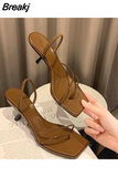 New Genuine Leather Retro Square Toe Pinch Sandals Fashion High Heel Slippers