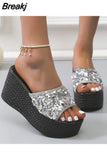 Wedge High Heeled Women Sandals New Arrived 2023 Bling Sequin Lady Slipper Peep Toe Comfort Walk Causal Sandals Plus