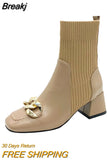 Square Toe Women's Boots Chain High Heels Solid Color Ankle Boots Women's Boots Knitted Fashion Thick Heel Women's