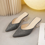 Half Drag Women's Summer Wear New Korean Thick Heel Pointed Sequin Fashion Crystal Heel