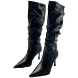 Women's Shoes 2023 High Quality Slip-on Women's Boots Fashion Pleated Office and Career Sexy Pointed Toe Knee-High Boots