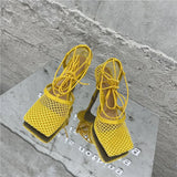 Fashion Sandals, Mesh Breathable Square Head Lace-up Women's Shoes, Women Sexy Seductive Mesh High Heels,
