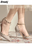 for Woman Super-high Heel Footwear Thin Heels Women's Shoes Pointed Toe Summer 2023 Rivet Stiletto Closed Black Shoe H