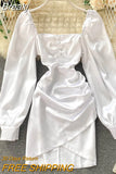 Pink Satin Dress Puff Sleeve Square Collar Ruched Mini Dress Solid Sexy Streetwear Outfits Ladies Club Party
