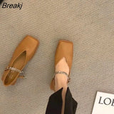 Deformed Heel Autumn Luxury Chain Square Head Shallow Flat Shoes Women's Lazy Loafer Casual Flat Square Heels Lolita
