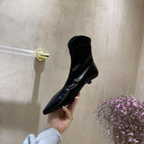 Pointed Toe Women's Leather Boots Sexy Stilettos High Heels Solid Color Low Heel Ankle Boots Zipper Short Bota