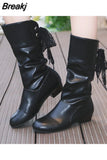 Size 35-43 Women Knee-High Boots Back Lace Up Low Heels Winter Shoes Black Boot White Botas Mujer Female Snow Boot