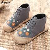 Daisy Embroidered Women Linen Cotton High Top Lace Up Espadrilles Sneakers Ladies Comfortable Casual Flat Booties
