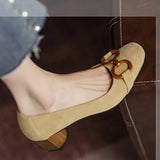 Women Spring Pumps Fasion French Retro Square Toe Brushed Metal Thick Medium Heels Boat Female Slip-on Professional Shoes