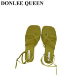 New Summer Women Sandals Fashion Square Toe Flat Heel Ankle Strap Shoes Narrow Band Casual Slides Green Sliver Female